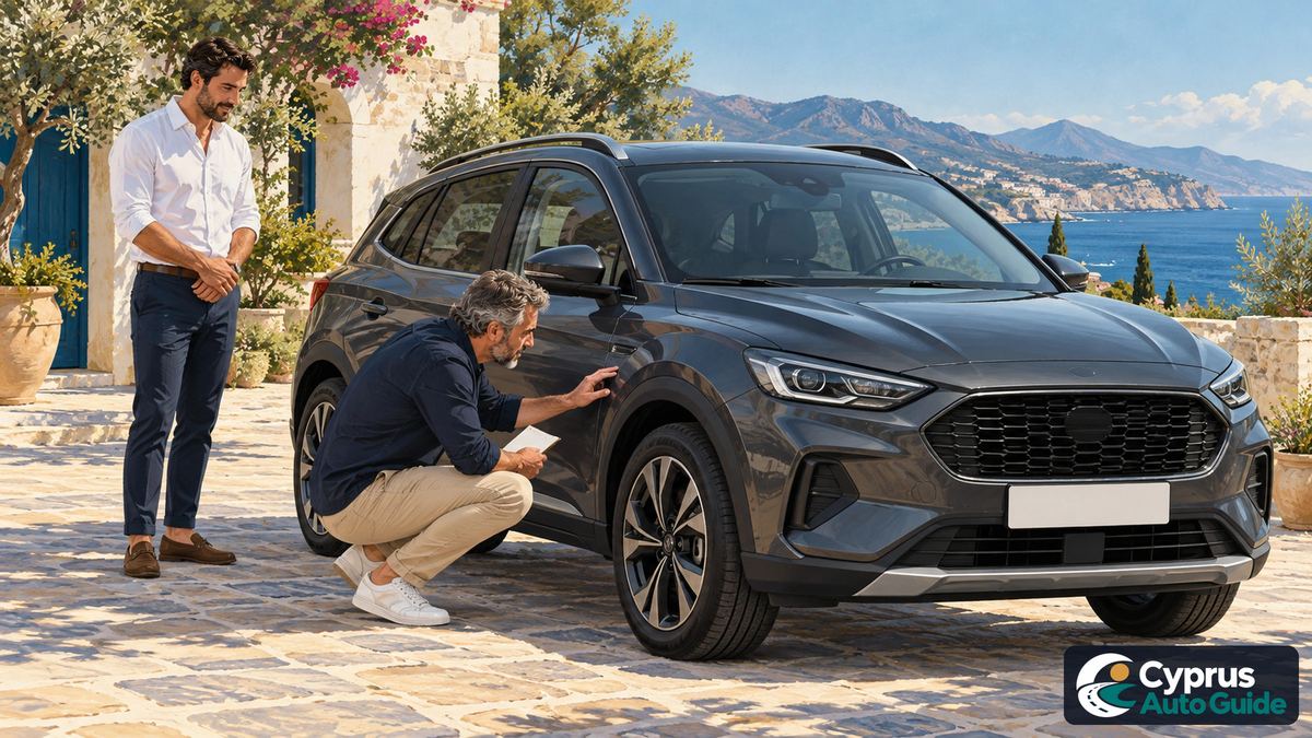 Buyer comparing vehicle documents with a car
