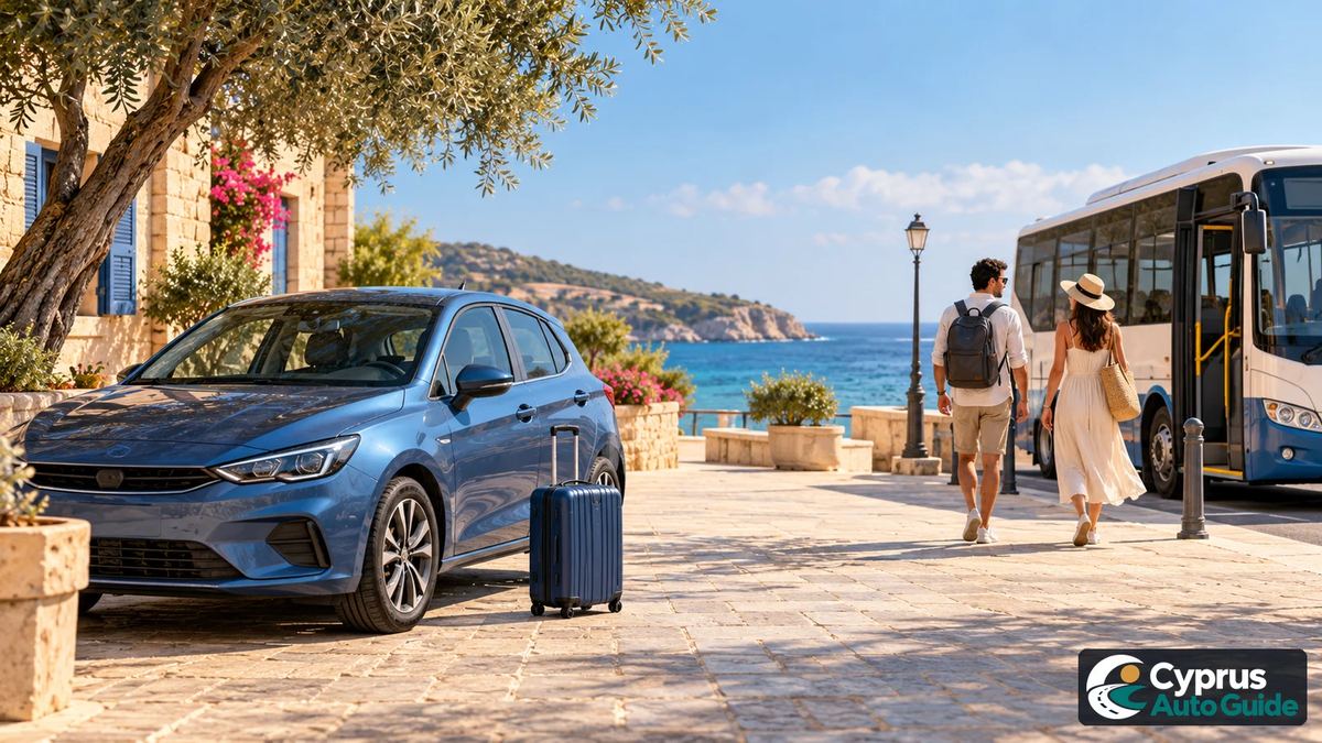 Blue hatchback and suitcase beside a bus and two travellers in a coastal setting.
