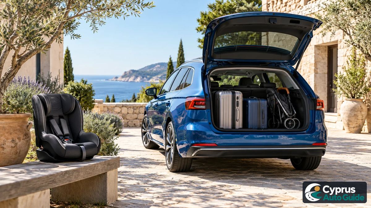 Empty child seat on a bench beside a blue car with luggage and a folded pushchair in its open boot.