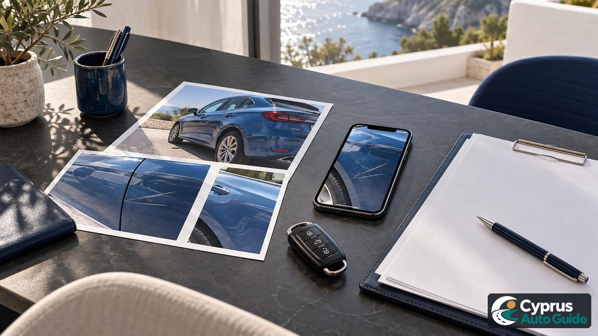 Car-condition photographs, a phone, paperwork and a key on a desk.