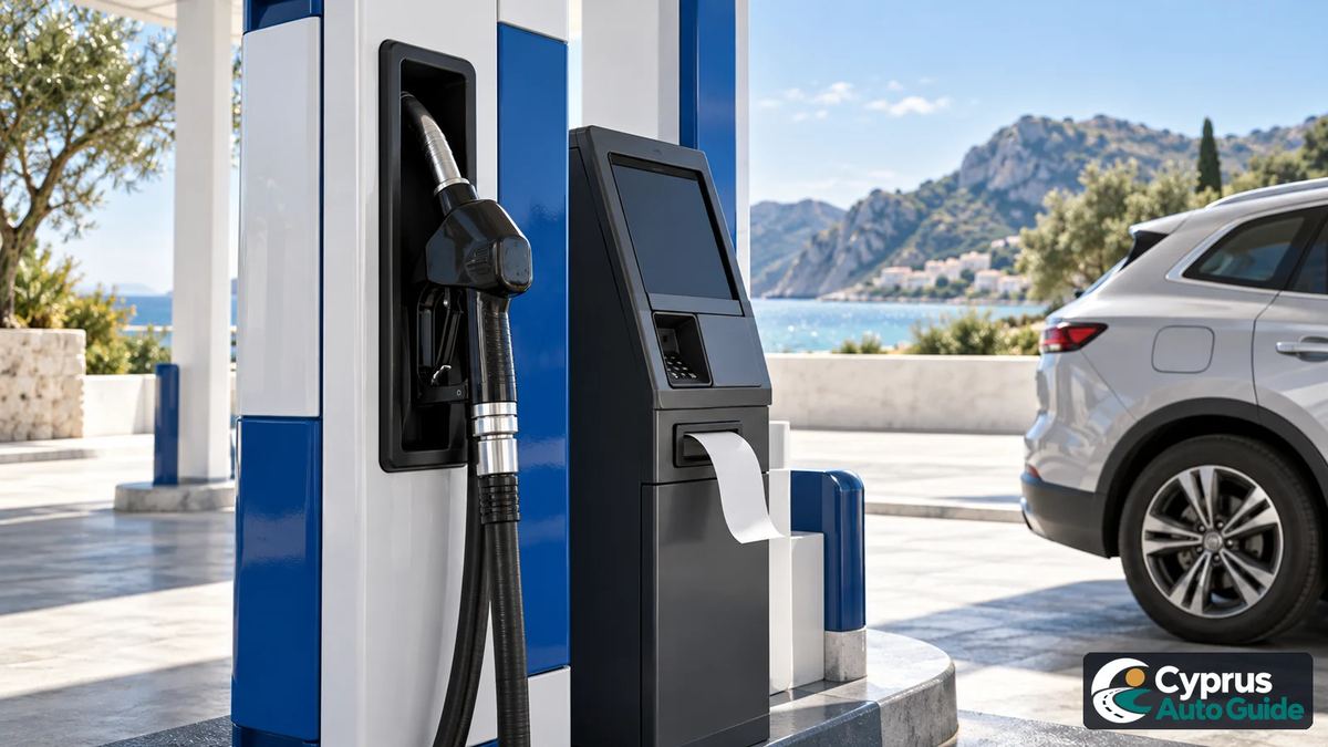 A fuel nozzle in its holder beside a payment terminal, with a parked car behind.