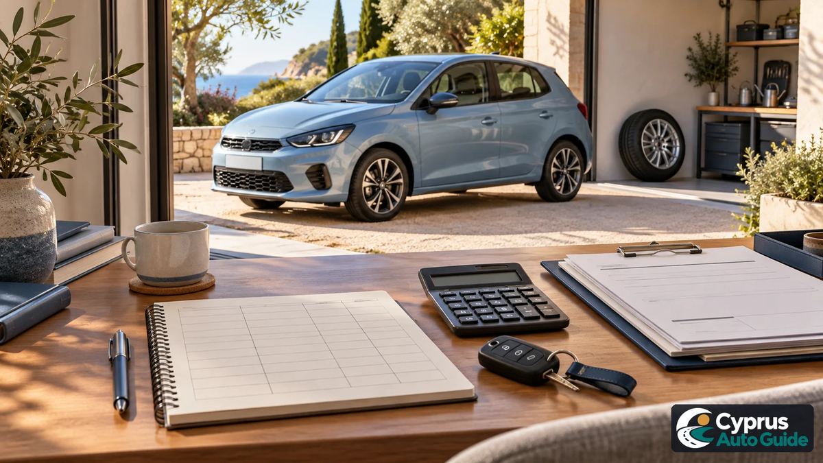 A notebook, calculator and car key on a desk with a parked car and spare wheel beyond.