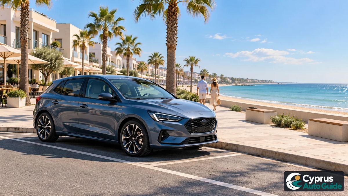 A blue car parked beside a palm-lined fictional seafront.