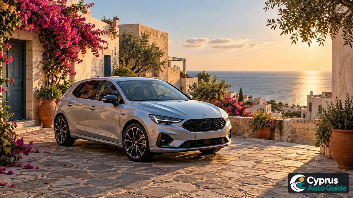 A silver car in a fictional stone courtyard overlooking the sea.