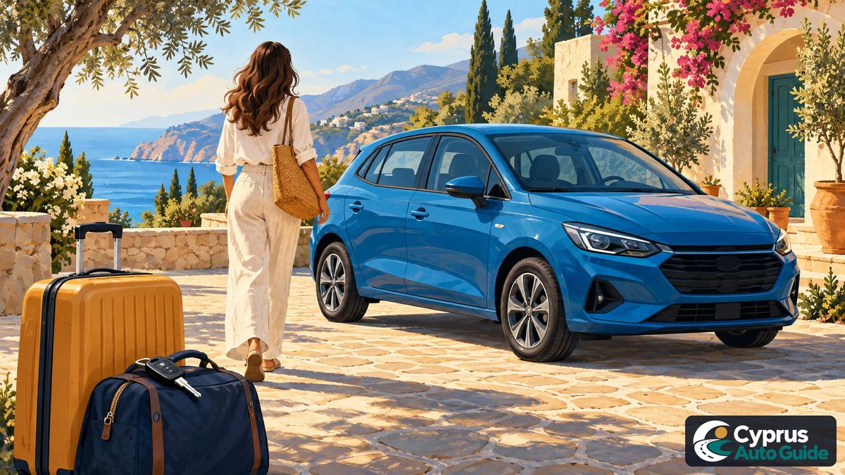 A compact car, booking checklist and suitcase